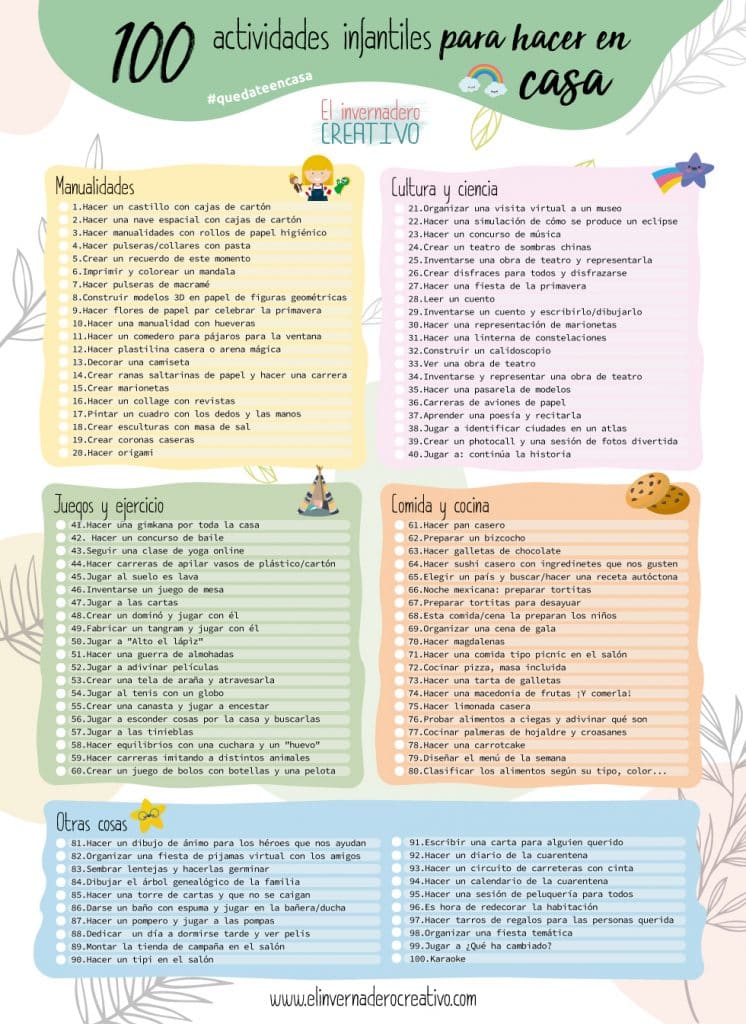 100 actividades infantiles para hacer en casa durante la cuarentena - El  invernadero creativo
