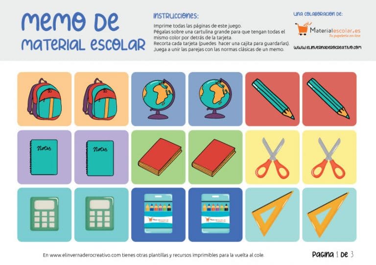 Juego memo imprimible de material escolar - El invernadero creativo